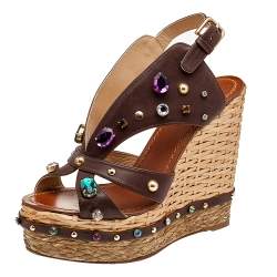 Pre Owned Dolce & Gabbana Brown Leather Crystal And Stud Embellished Wedge Sandals Size 38