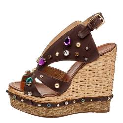 Pre Owned Dolce & Gabbana Brown Leather Crystal And Stud Embellished Wedge Sandals Size 38