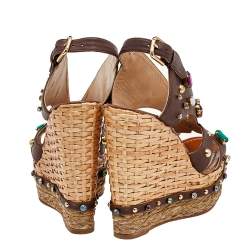 Pre Owned Dolce & Gabbana Brown Leather Crystal And Stud Embellished Wedge Sandals Size 38