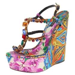 Pre Owned Dolce & Gabbana Multicolor Floral Print Fabric Crystal Embellished T Strap Platform Sandals Size 38