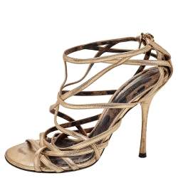 Pre Owned Dolce & Gabbana Metallic Gold Leather Strappy Sandals Size 37