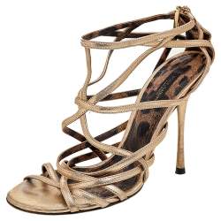 Pre Owned Dolce & Gabbana Metallic Gold Leather Strappy Sandals Size 37