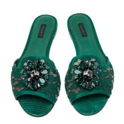 Pre Owned Dolce & Gabbana Green Lace Crystal Embellished Flat Slides Size 39