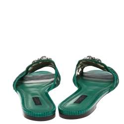 Pre Owned Dolce & Gabbana Green Lace Crystal Embellished Flat Slides Size 39