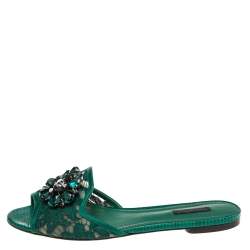 Pre Owned Dolce & Gabbana Green Lace Crystal Embellished Flat Slides Size 39