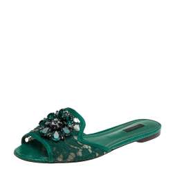 Pre Owned Dolce & Gabbana Green Lace Crystal Embellished Flat Slides Size 39