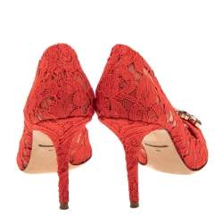 Pre Owned Dolce & Gabbana Red Lace Bellucci Crystal Embellished Pointed-Toe Pumps Size 40