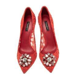 Pre Owned Dolce & Gabbana Red Lace Bellucci Crystal Embellished Pointed-Toe Pumps Size 40
