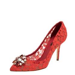 Pre Owned Dolce & Gabbana Red Lace Bellucci Crystal Embellished Pointed-Toe Pumps Size 40
