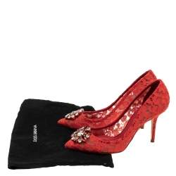 Pre Owned Dolce & Gabbana Red Lace Bellucci Crystal Embellished Pointed-Toe Pumps Size 40