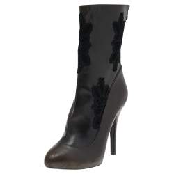 Dolce & Gabbana Dark Brown/Black Leather and Lace Ankle Boots Size 39 