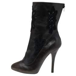 Dolce & Gabbana Dark Brown/Black Leather and Lace Ankle Boots Size 39 