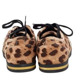 Pre Owned Dolce & Gabbana Brown Leopard Print Knit Fabric Low Top Sneakers Size 37
