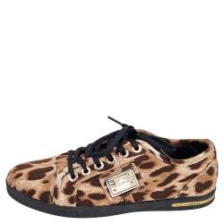 Pre Owned Dolce & Gabbana Brown Leopard Print Knit Fabric Low Top Sneakers Size 37