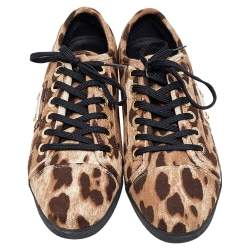 Pre Owned Dolce & Gabbana Brown Leopard Print Knit Fabric Low Top Sneakers Size 37