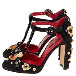 Pre Owned Dolce & Gabbana Black Brocade and Leather Embellished Mary Jane Pumps Size 37.5