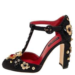Pre Owned Dolce & Gabbana Black Brocade and Leather Embellished Mary Jane Pumps Size 37.5