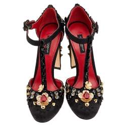 Pre Owned Dolce & Gabbana Black Brocade and Leather Embellished Mary Jane Pumps Size 37.5