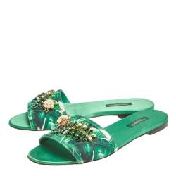 Pre Owned Dolce & Gabbana Green/White Banana Leaf-Print Fabric Crystal Embellished Flat Sandals Size 38