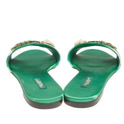 Pre Owned Dolce & Gabbana Green/White Banana Leaf-Print Fabric Crystal Embellished Flat Sandals Size 38