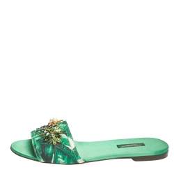 Pre Owned Dolce & Gabbana Green/White Banana Leaf-Print Fabric Crystal Embellished Flat Sandals Size 38