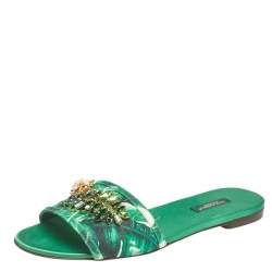 Pre Owned Dolce & Gabbana Green/White Banana Leaf-Print Fabric Crystal Embellished Flat Sandals Size 38