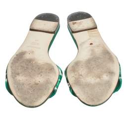 Pre Owned Dolce & Gabbana Green/White Banana Leaf-Print Fabric Crystal Embellished Flat Sandals Size 38