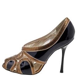 Pre Owned Dolce & Gabbana Black/Gold Patent Leather and Leather Peep Toe Pumps Size 36