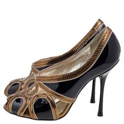 Pre Owned Dolce & Gabbana Black/Gold Patent Leather and Leather Peep Toe Pumps Size 36