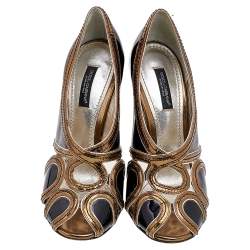 Pre Owned Dolce & Gabbana Black/Gold Patent Leather and Leather Peep Toe Pumps Size 36