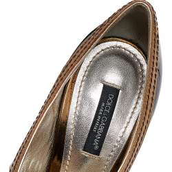 Pre Owned Dolce & Gabbana Black/Gold Patent Leather and Leather Peep Toe Pumps Size 36