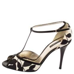Pre Owned Dolce & Gabbana Black/White Printed Satin Ankle-Strap Sandals Size 41