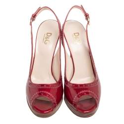 Pre Owned Dolce & Gabbana Red Patent Leather Peep-Toe Slingback Sandals Size 41