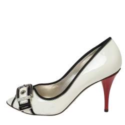 Pre Owned Dolce & Gabbana Off-White/ Black Patent Leather Buckle Strap Peep-Toe Pumps Size 41