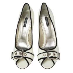 Pre Owned Dolce & Gabbana Off-White/ Black Patent Leather Buckle Strap Peep-Toe Pumps Size 41