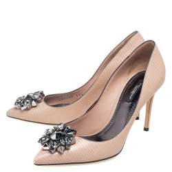 Pre Owned Dolce & Gabbana Beige Lizard Embossed Leather Crystal Embellished Bellucci Pumps Size 37.5