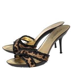 Pre Owned صندل سلايد دولتشي أند غابانا جلد وكانفاس نقشة الفهد أسود/بني بطيات سيور متعاكسة مقاس 41