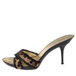 Pre Owned صندل سلايد دولتشي أند غابانا جلد وكانفاس نقشة الفهد أسود/بني بطيات سيور متعاكسة مقاس 41