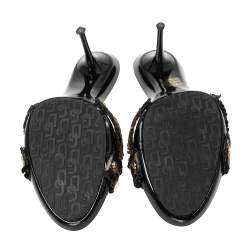 Pre Owned صندل سلايد دولتشي أند غابانا جلد وكانفاس نقشة الفهد أسود/بني بطيات سيور متعاكسة مقاس 41