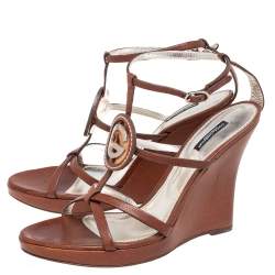 Pre Owned Dolce & Gabbana Brown Leather Strappy Wedge Sandals Size 41