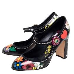 Pre Owned Dolce & Gabbana Black Floral Print Leather Mary-Jane Pumps Size 37