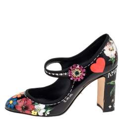 Pre Owned Dolce & Gabbana Black Floral Print Leather Mary-Jane Pumps Size 37