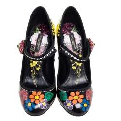 Pre Owned Dolce & Gabbana Black Floral Print Leather Mary-Jane Pumps Size 37
