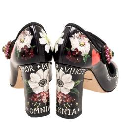 Pre Owned Dolce & Gabbana Black Floral Print Leather Mary-Jane Pumps Size 37