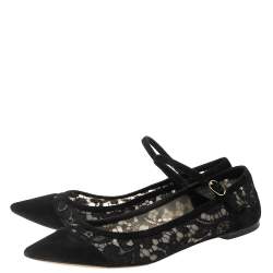 Pre Owned Dolce and Gabbana Black Lace And Suede Mary Jane Pointed Toe Ballet Flats Size 40