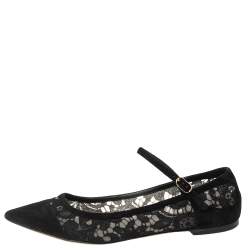 Pre Owned Dolce and Gabbana Black Lace And Suede Mary Jane Pointed Toe Ballet Flats Size 40