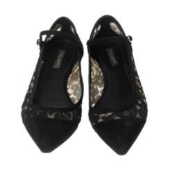 Pre Owned Dolce and Gabbana Black Lace And Suede Mary Jane Pointed Toe Ballet Flats Size 40