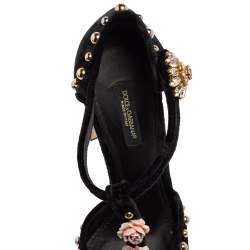 Pre Owned  Dolce & Gabbana Black Velvet Crystal Embellished Block Heel Sandals Size 37