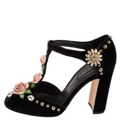 Pre Owned  Dolce & Gabbana Black Velvet Crystal Embellished Block Heel Sandals Size 37