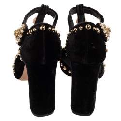 Pre Owned  Dolce & Gabbana Black Velvet Crystal Embellished Block Heel Sandals Size 37